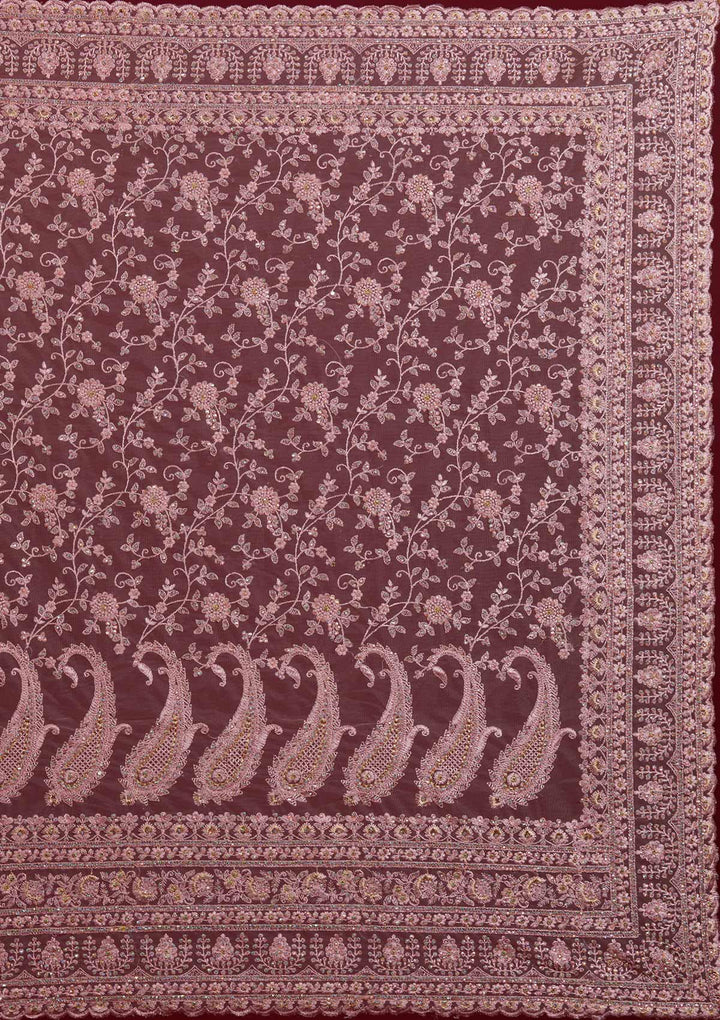 Onion Pink Threadwork Net Designer Saree - Koskii