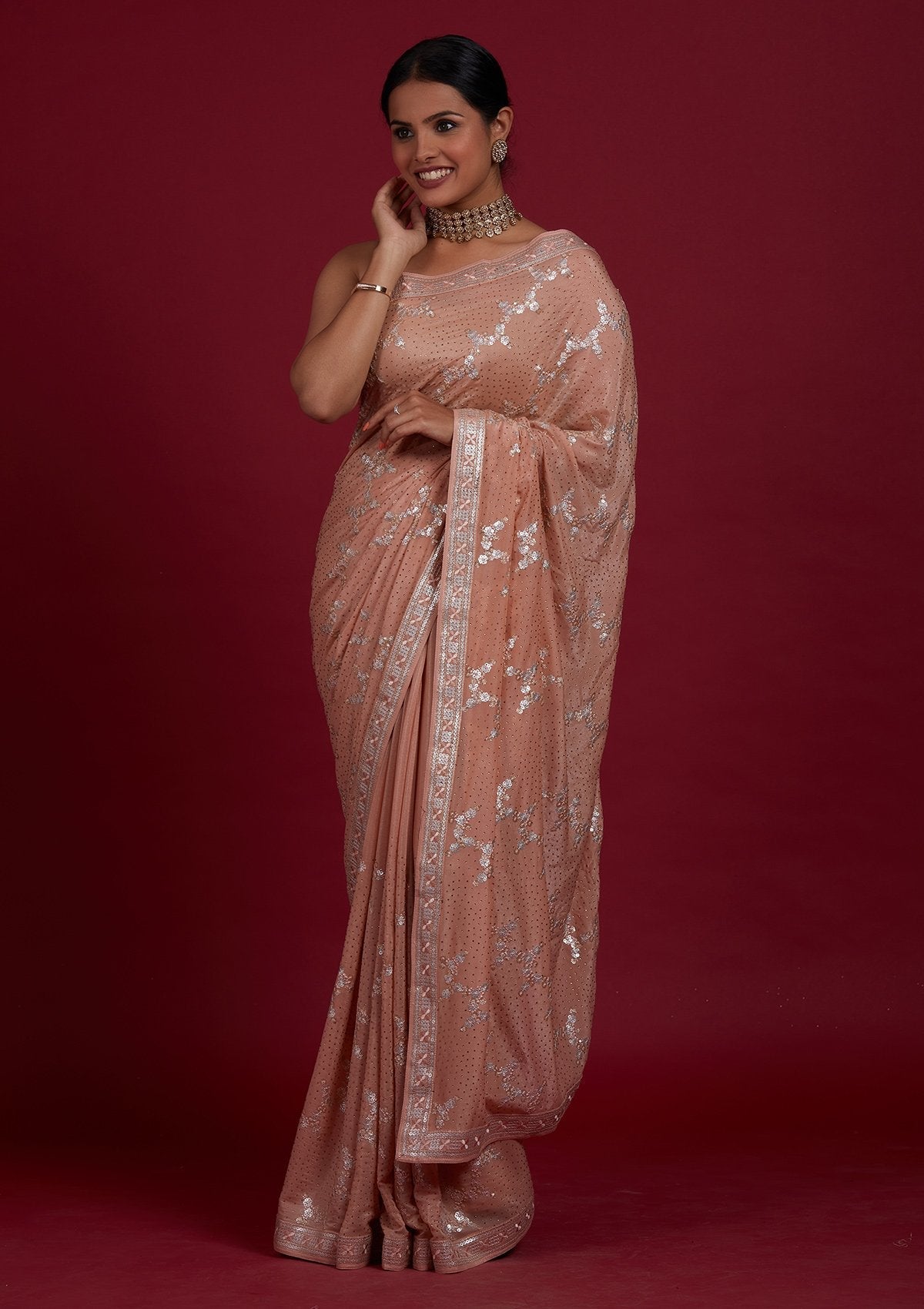 Peach Sequins Semi Crepe Designer Saree - Koskii