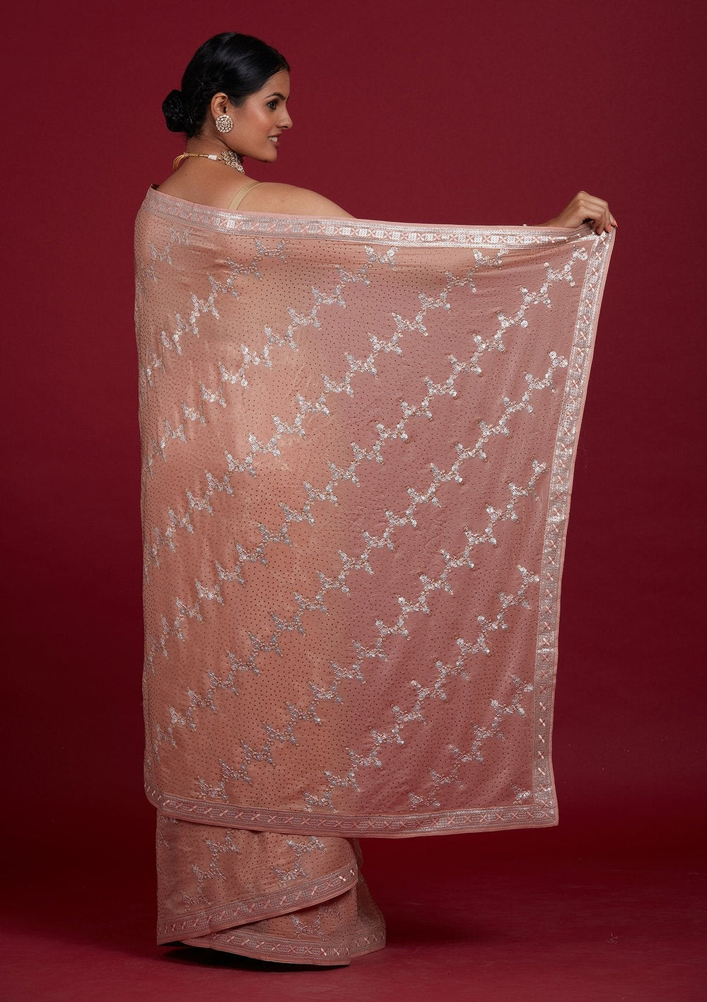 Peach Sequins Semi Crepe Designer Saree - Koskii