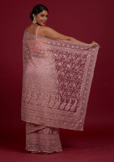 Onion Pink Threadwork Net Designer Saree - Koskii