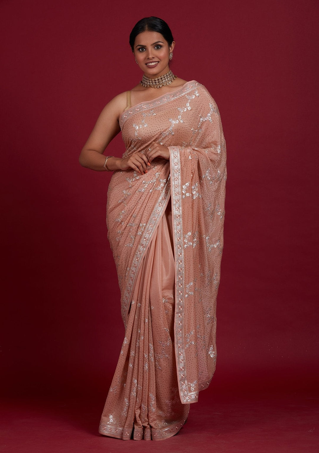 Peach Sequins Semi Crepe Designer Saree - Koskii