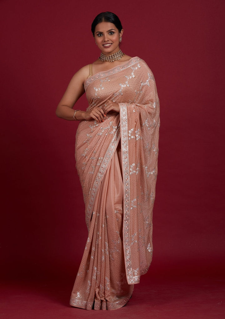 Peach Sequins Semi Crepe Designer Saree - Koskii