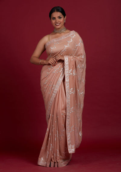 Peach Sequins Semi Crepe Designer Saree - Koskii