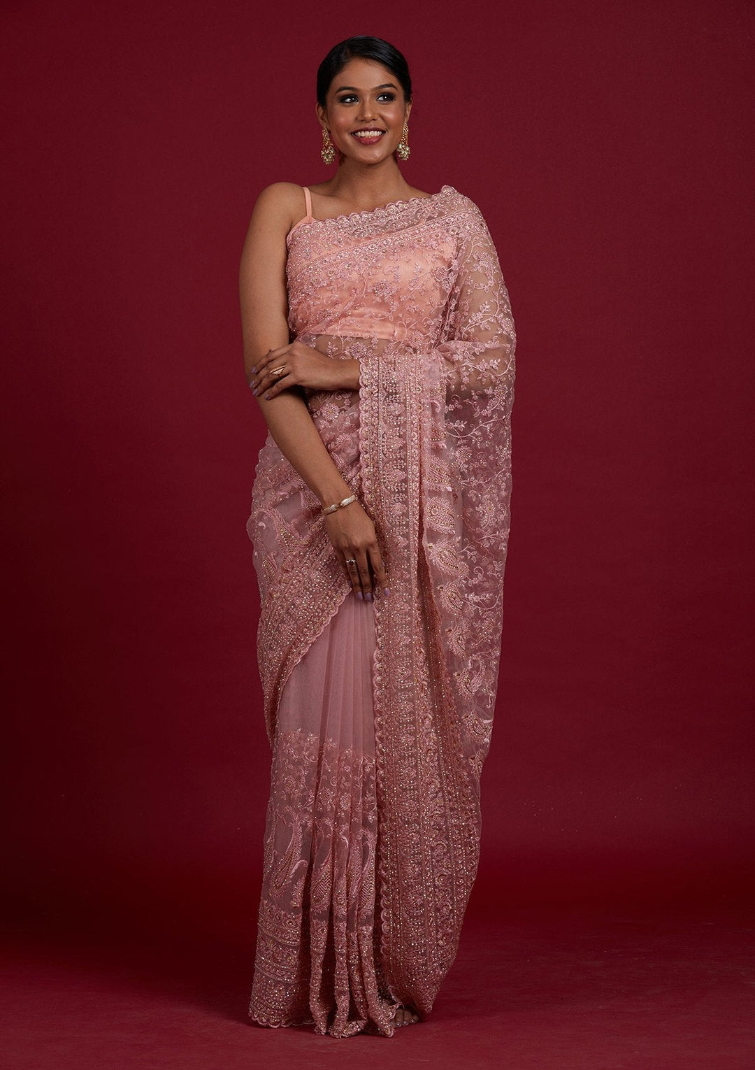 Onion Pink Threadwork Net Designer Saree - Koskii