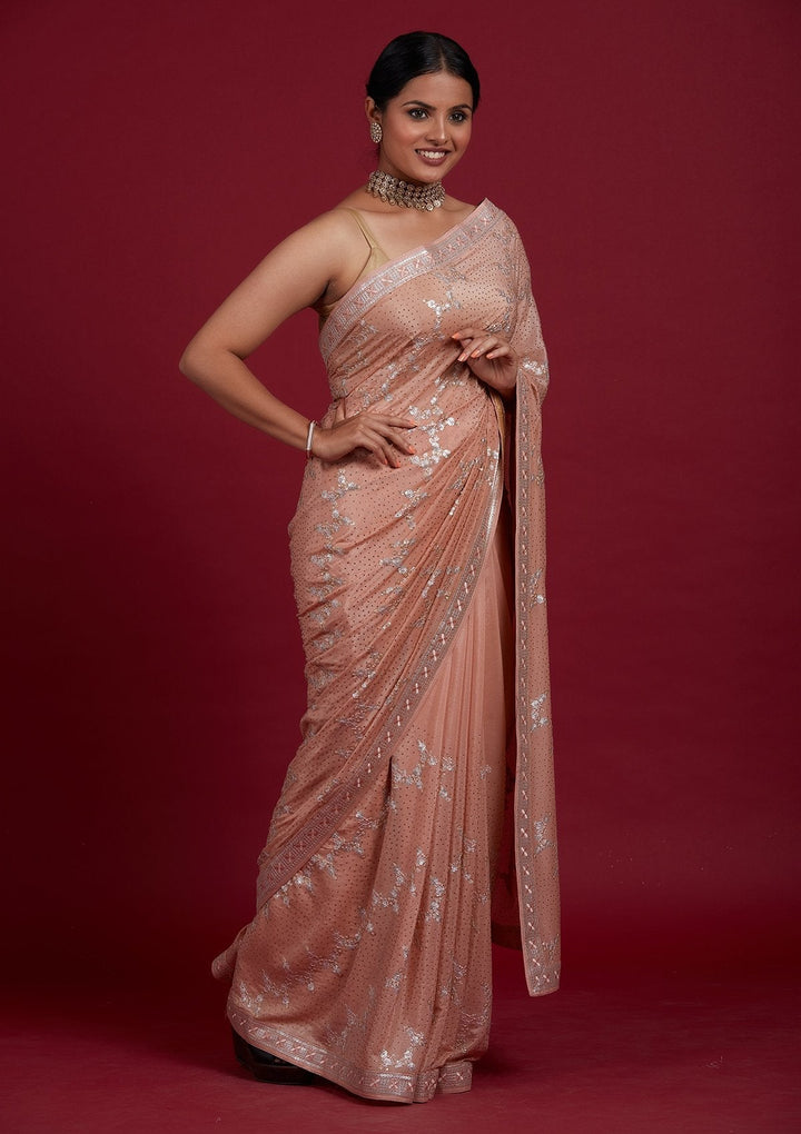 Peach Sequins Semi Crepe Designer Saree - Koskii
