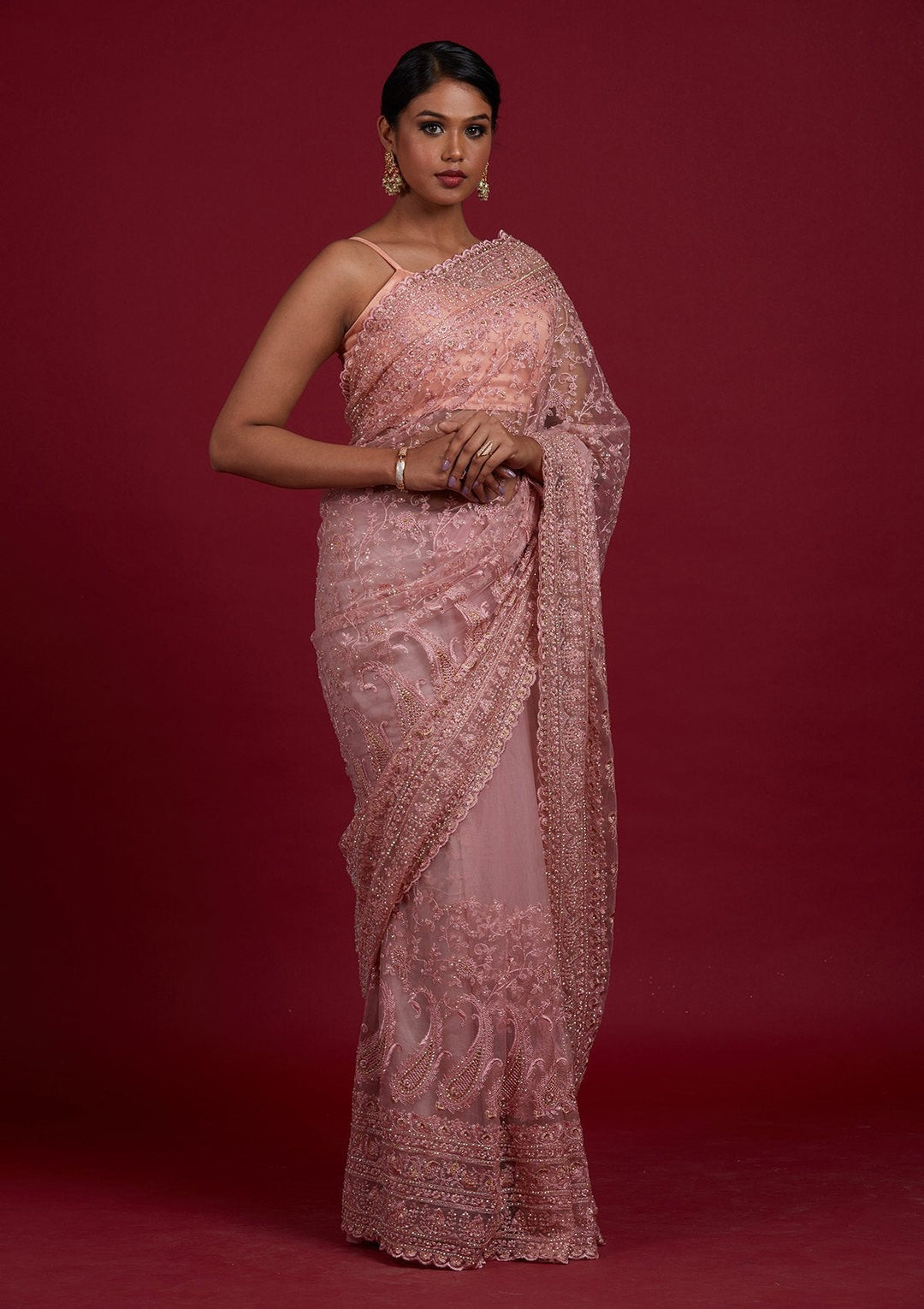 Onion Pink Threadwork Net Designer Saree - Koskii
