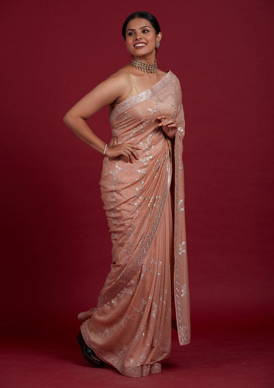 Peach Sequins Semi Crepe Designer Saree - Koskii