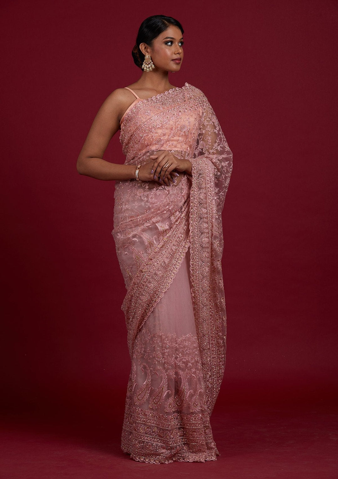 Onion Pink Threadwork Net Designer Saree - Koskii