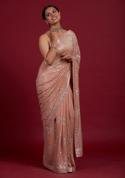 Peach Sequins Semi Crepe Designer Saree - Koskii