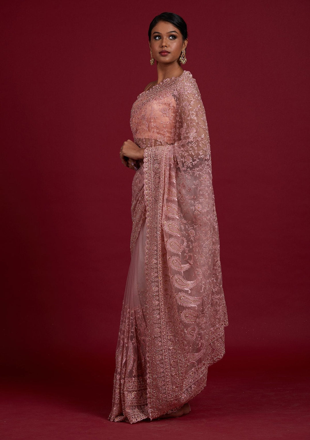 Onion Pink Threadwork Net Designer Saree - Koskii