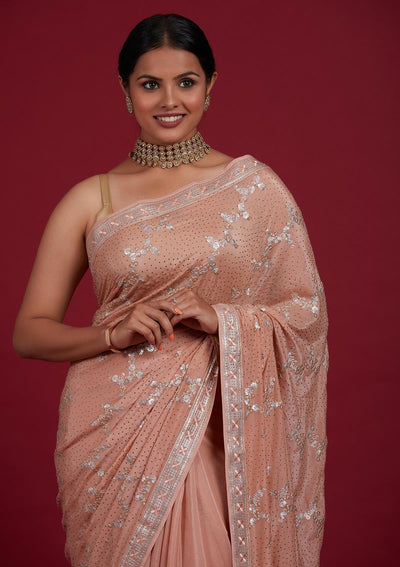 Peach Sequins Semi Crepe Designer Saree - Koskii