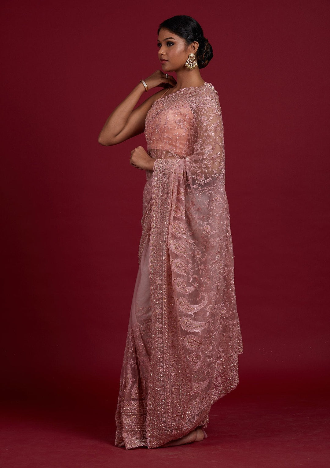 Onion Pink Threadwork Net Designer Saree - Koskii