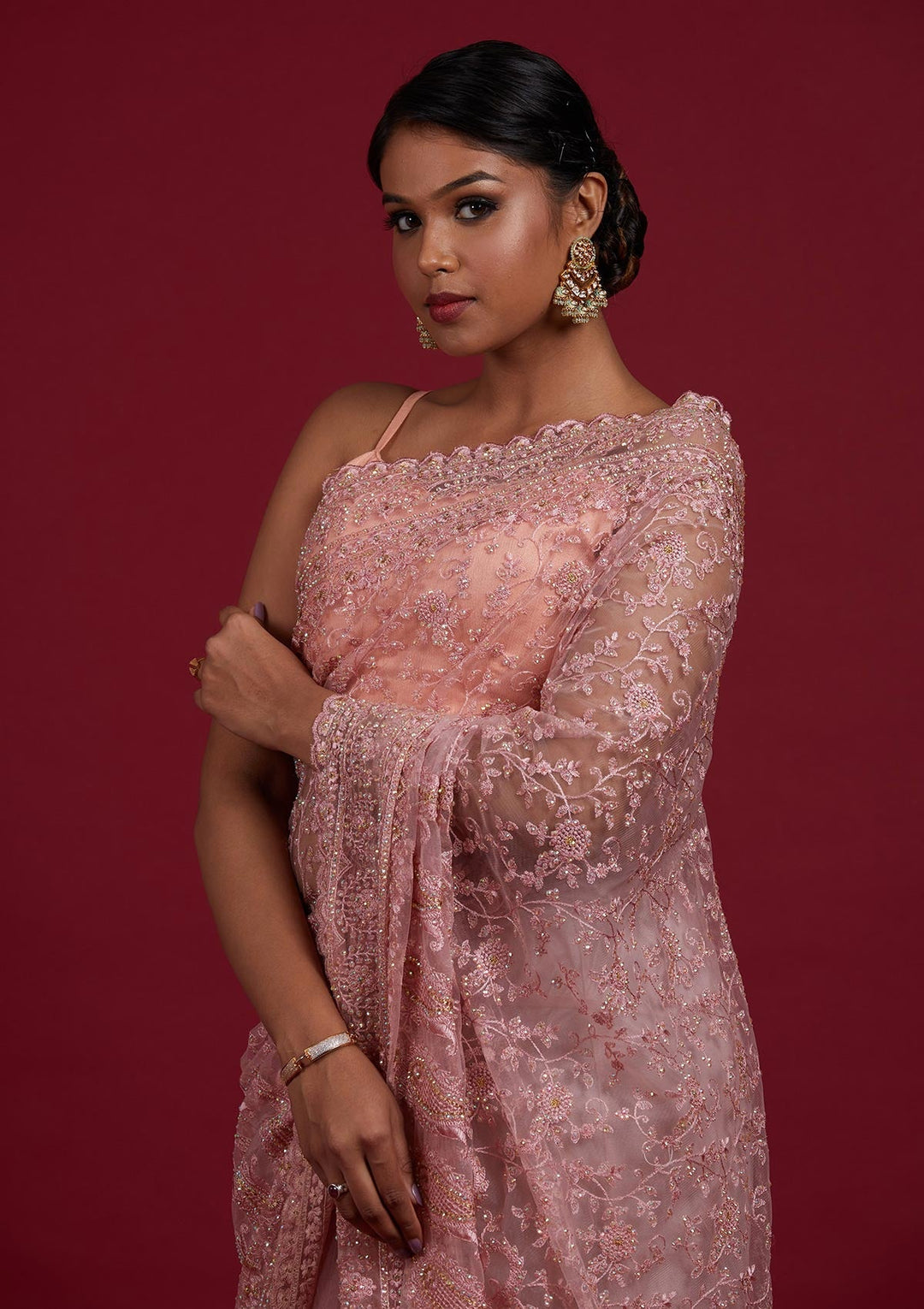 Onion Pink Threadwork Net Designer Saree - Koskii
