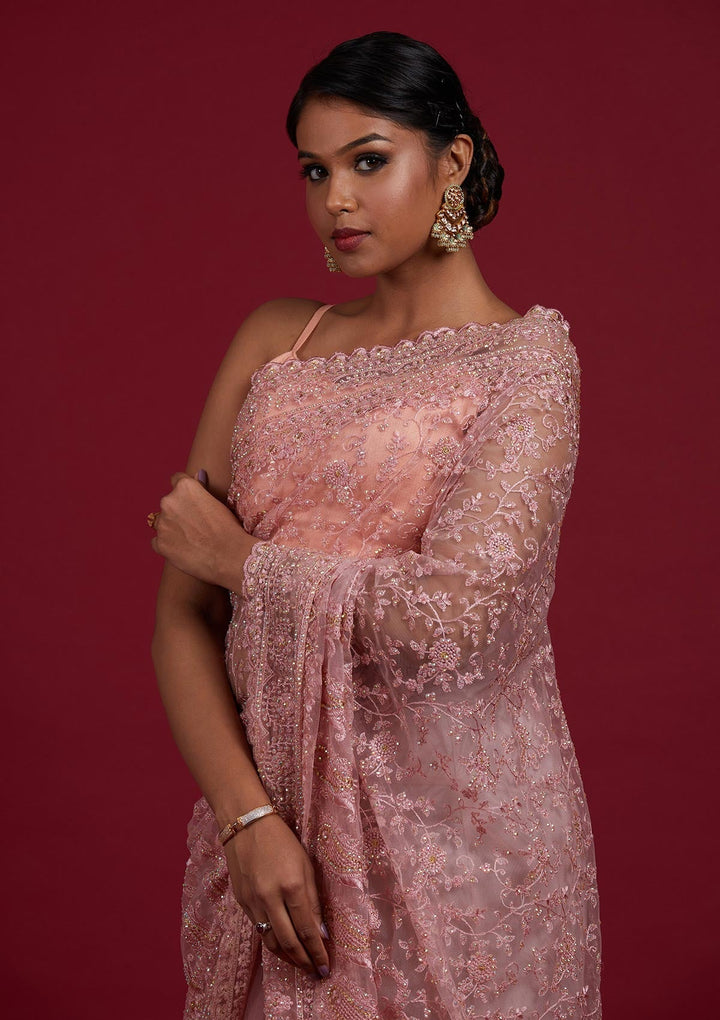 Onion Pink Threadwork Net Designer Saree - Koskii