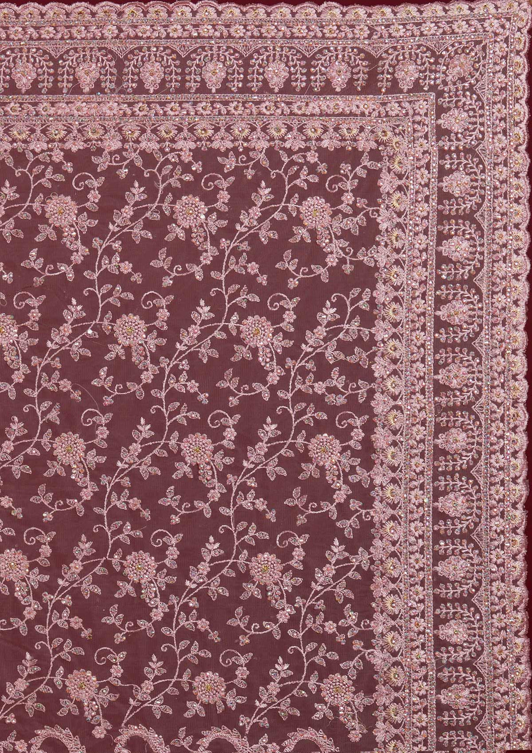 Onion Pink Threadwork Net Designer Saree - Koskii