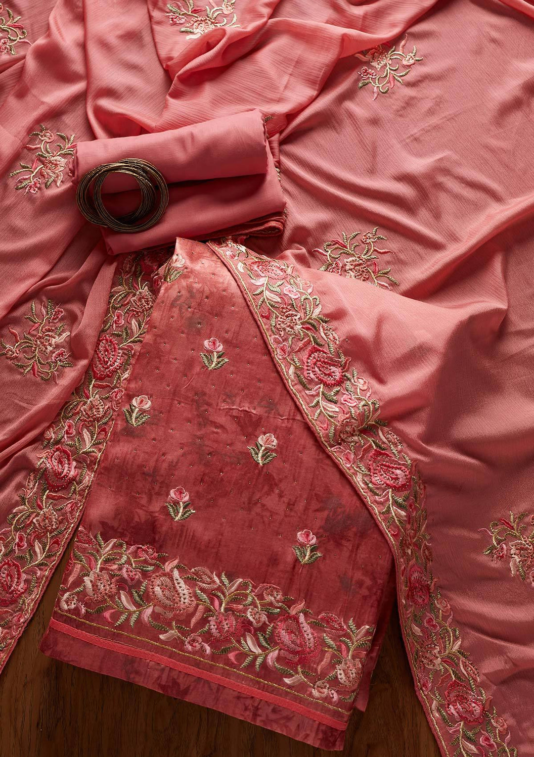 Onion Pink Threadwork Satin Designer Unstitched Salwar Suit - koskii