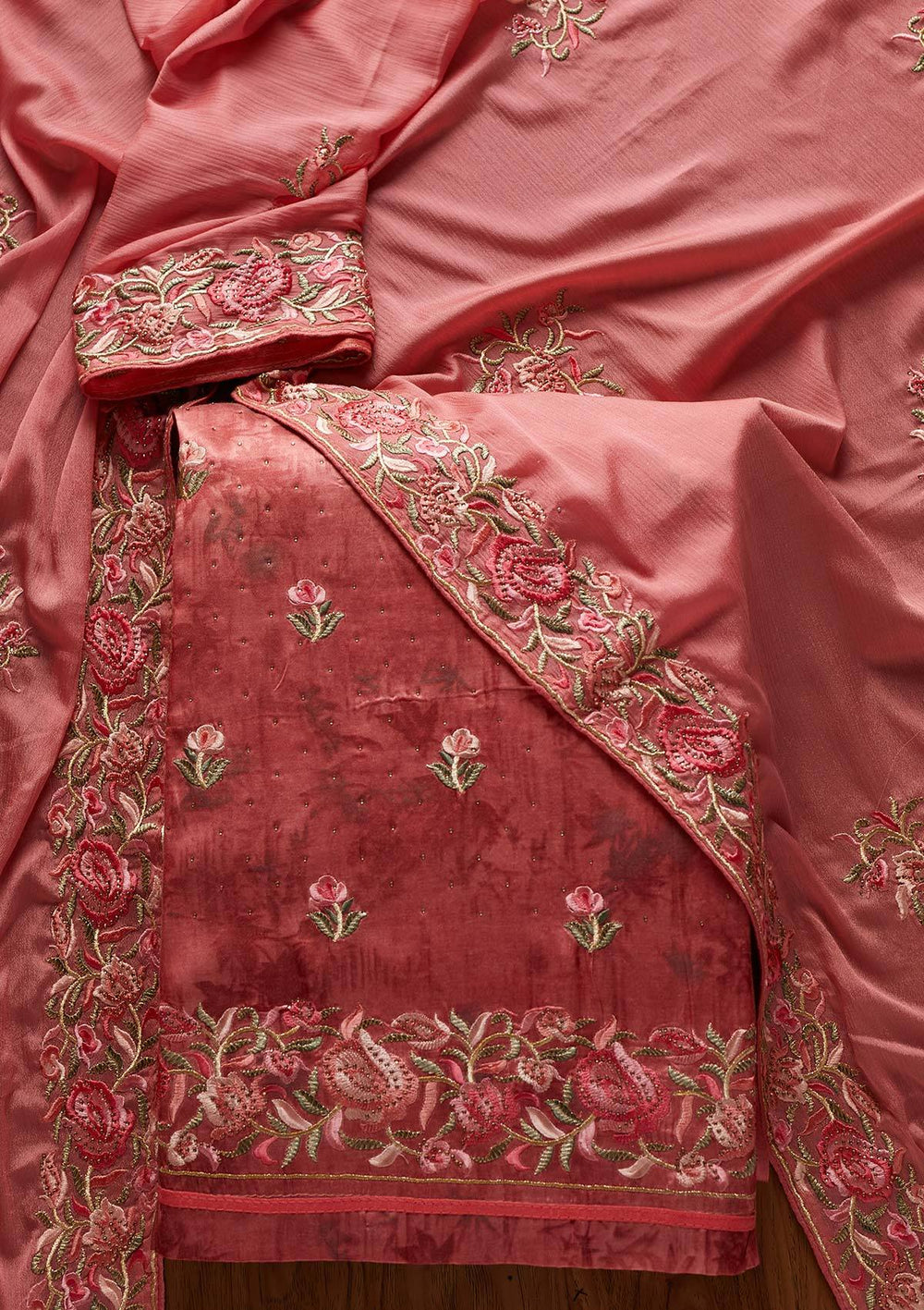 Onion Pink Threadwork Satin Designer Unstitched Salwar Suit - koskii