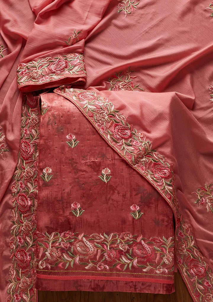 Onion Pink Threadwork Satin Designer Unstitched Salwar Suit - koskii