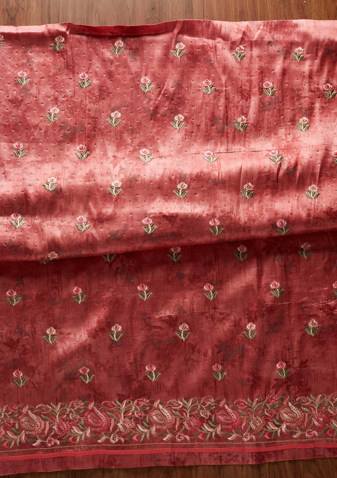 Onion Pink Threadwork Satin Designer Unstitched Salwar Suit - koskii