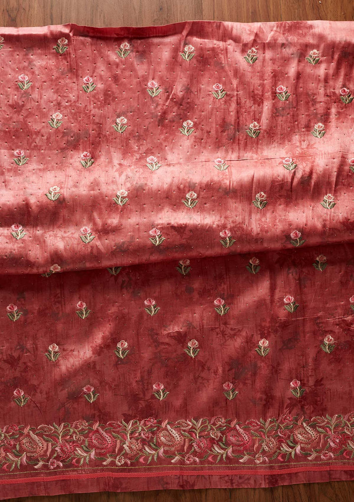Onion Pink Threadwork Satin Designer Unstitched Salwar Suit - koskii