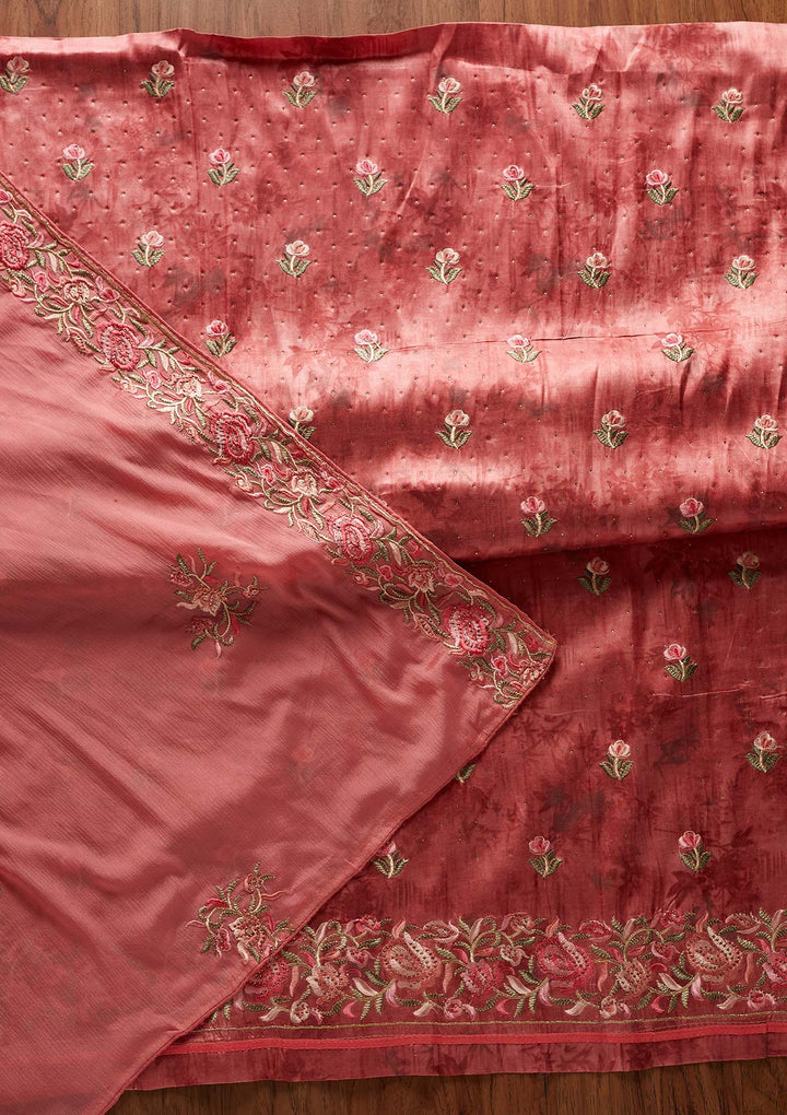 Onion Pink Threadwork Satin Designer Unstitched Salwar Suit - koskii