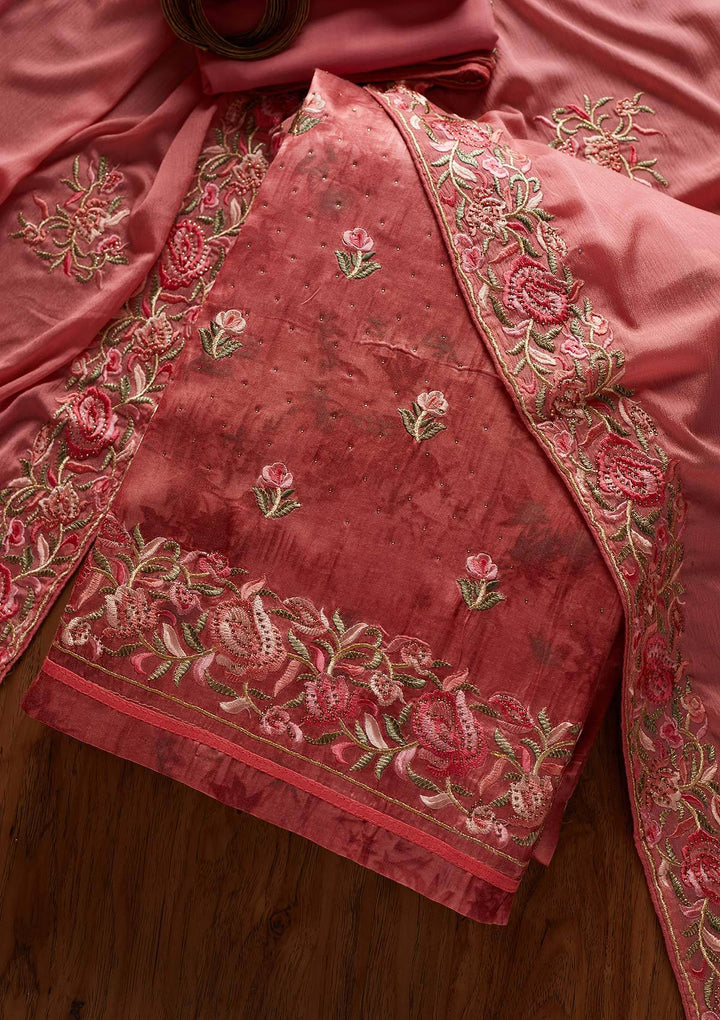Onion Pink Threadwork Satin Designer Unstitched Salwar Suit - koskii