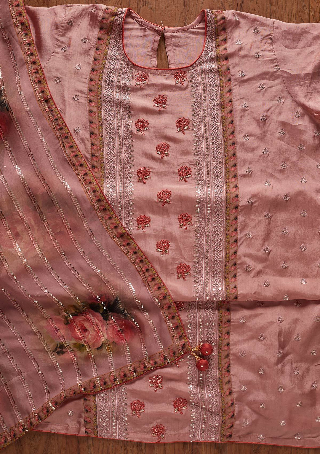 Onion Pink Threadwork Semi Crepe Designer Semi-Stitched Salwar Suit - koskii