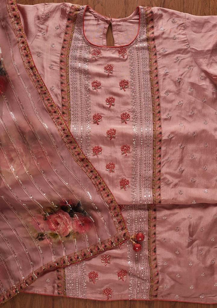Onion Pink Threadwork Semi Crepe Designer Semi-Stitched Salwar Suit - koskii