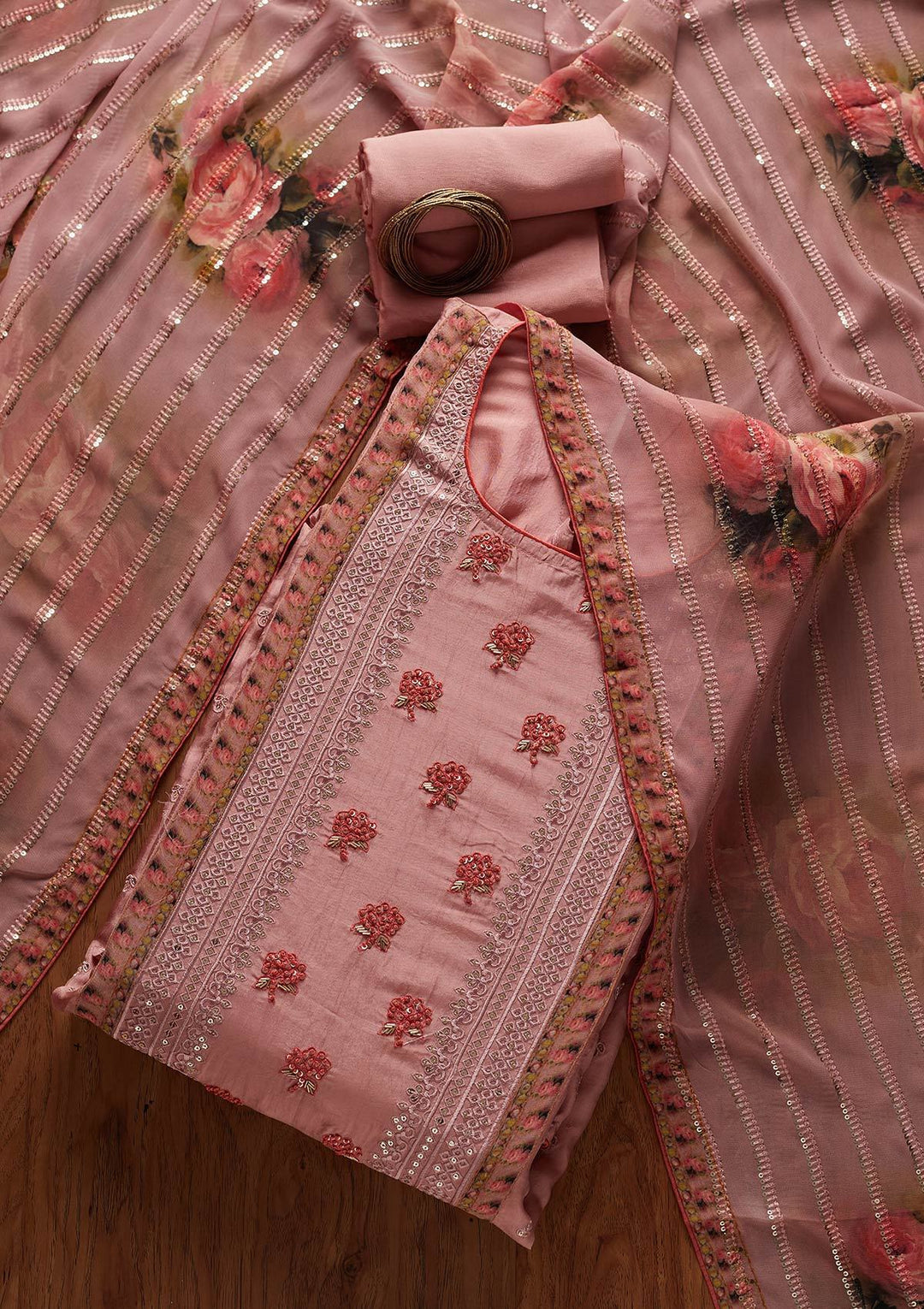 Onion Pink Threadwork Semi Crepe Designer Semi-Stitched Salwar Suit - koskii
