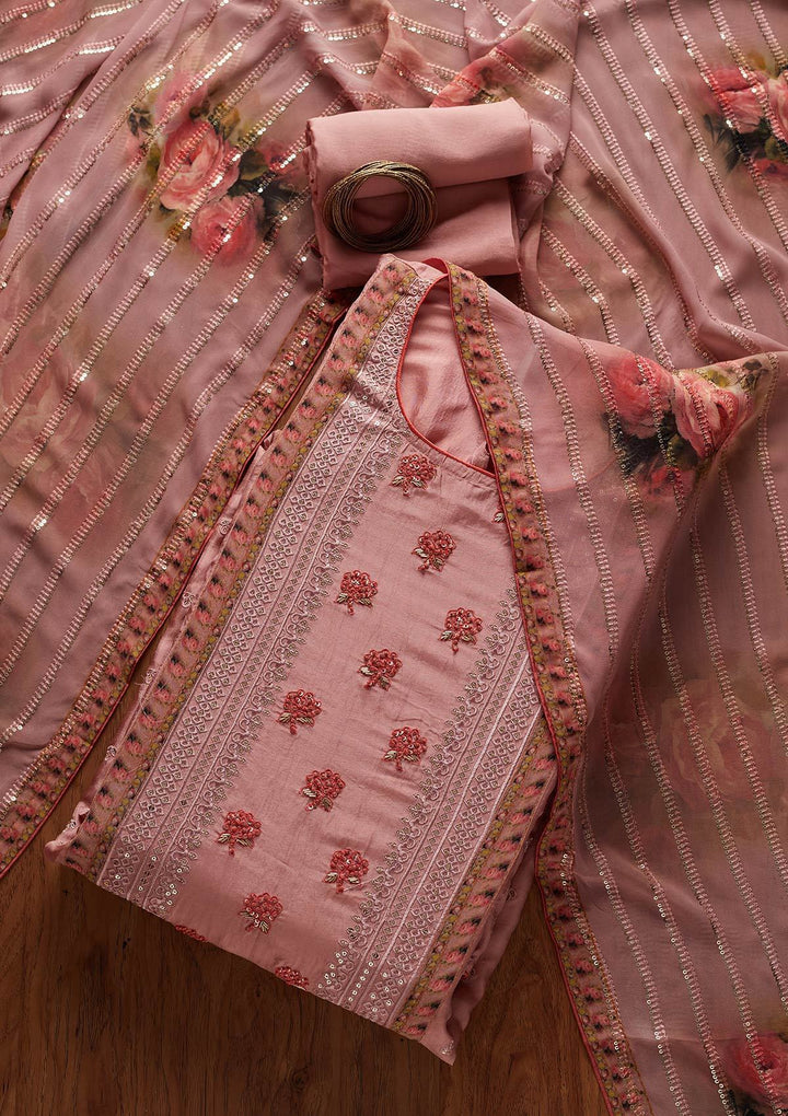 Onion Pink Threadwork Semi Crepe Designer Semi-Stitched Salwar Suit - koskii