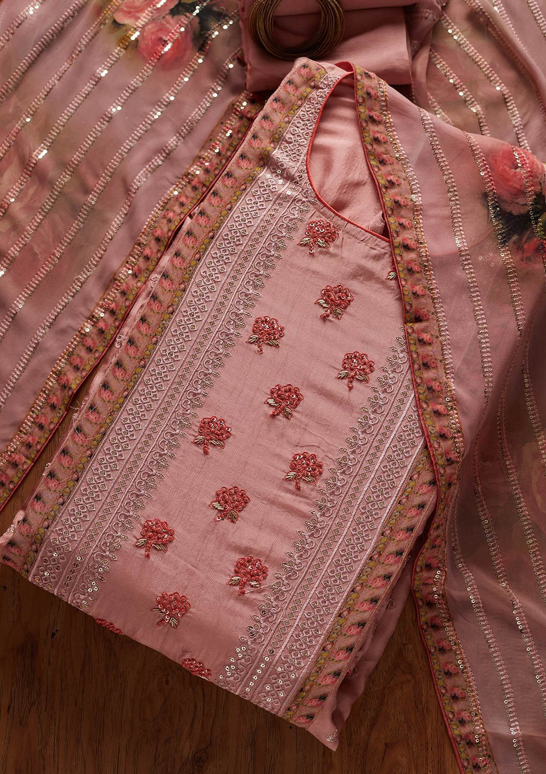 Onion Pink Threadwork Semi Crepe Designer Semi-Stitched Salwar Suit - koskii
