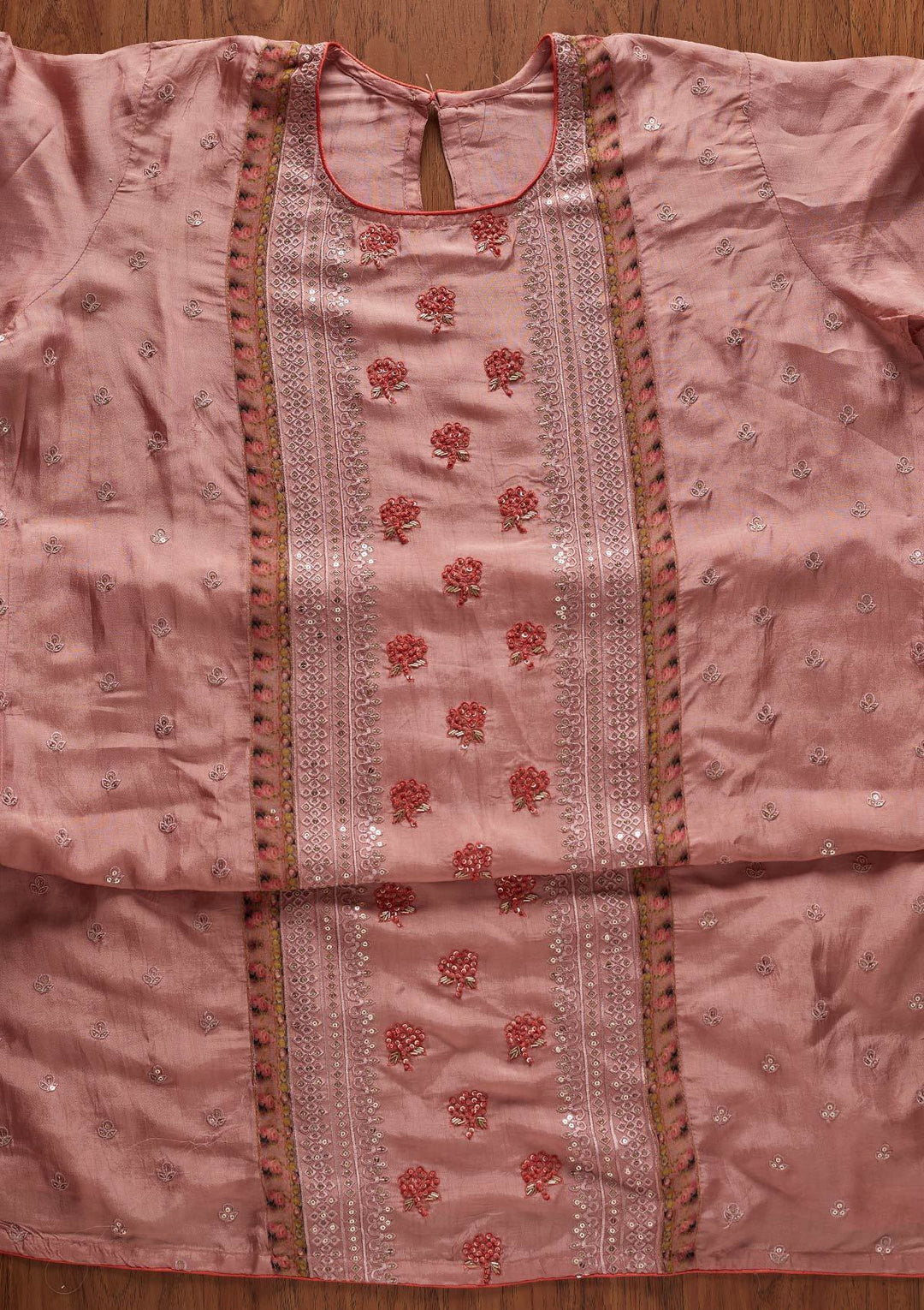 Onion Pink Threadwork Semi Crepe Designer Semi-Stitched Salwar Suit - koskii