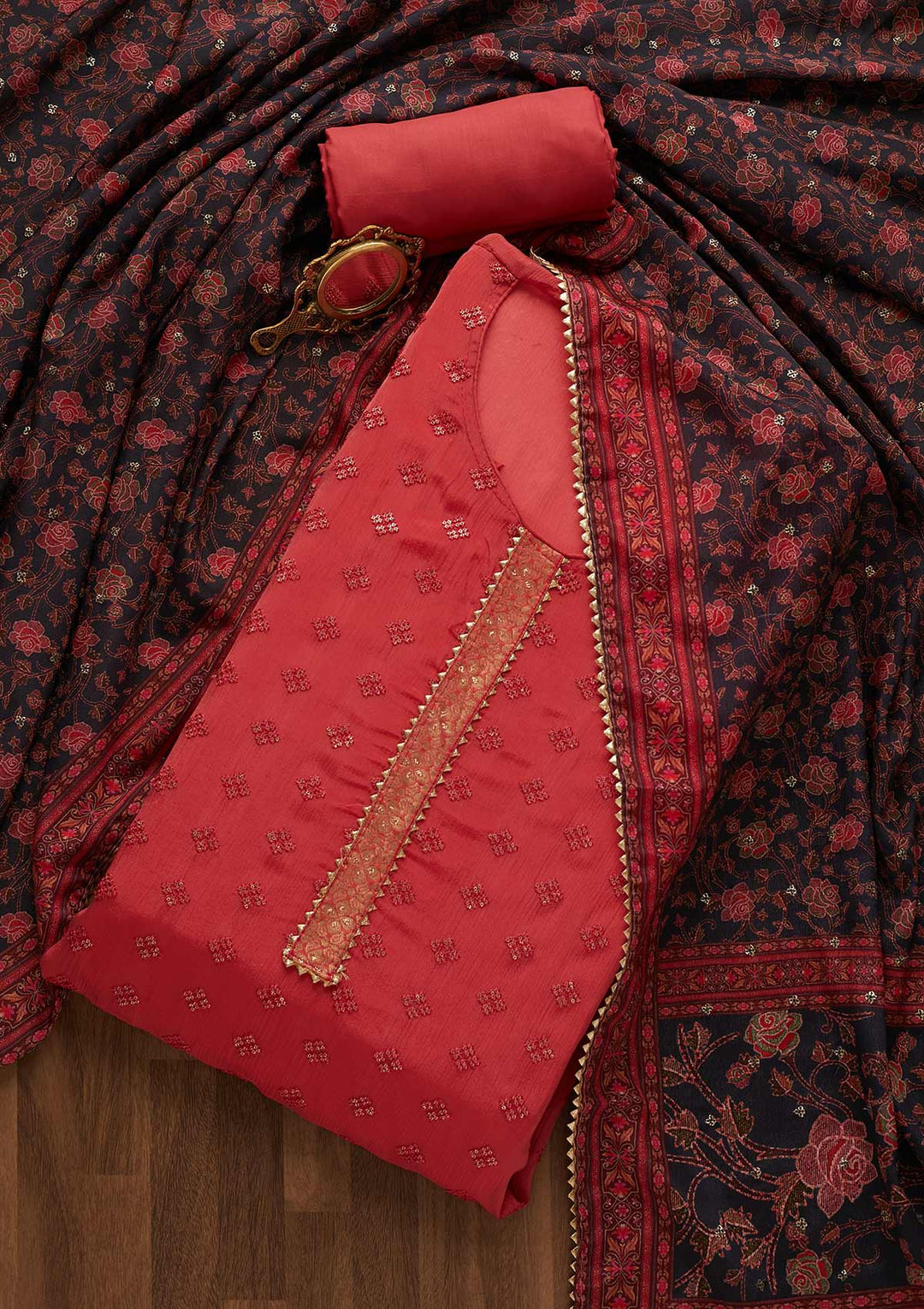 Onion Pink Threadwork Semi Crepe Unstitched Salwar Suit-Koskii