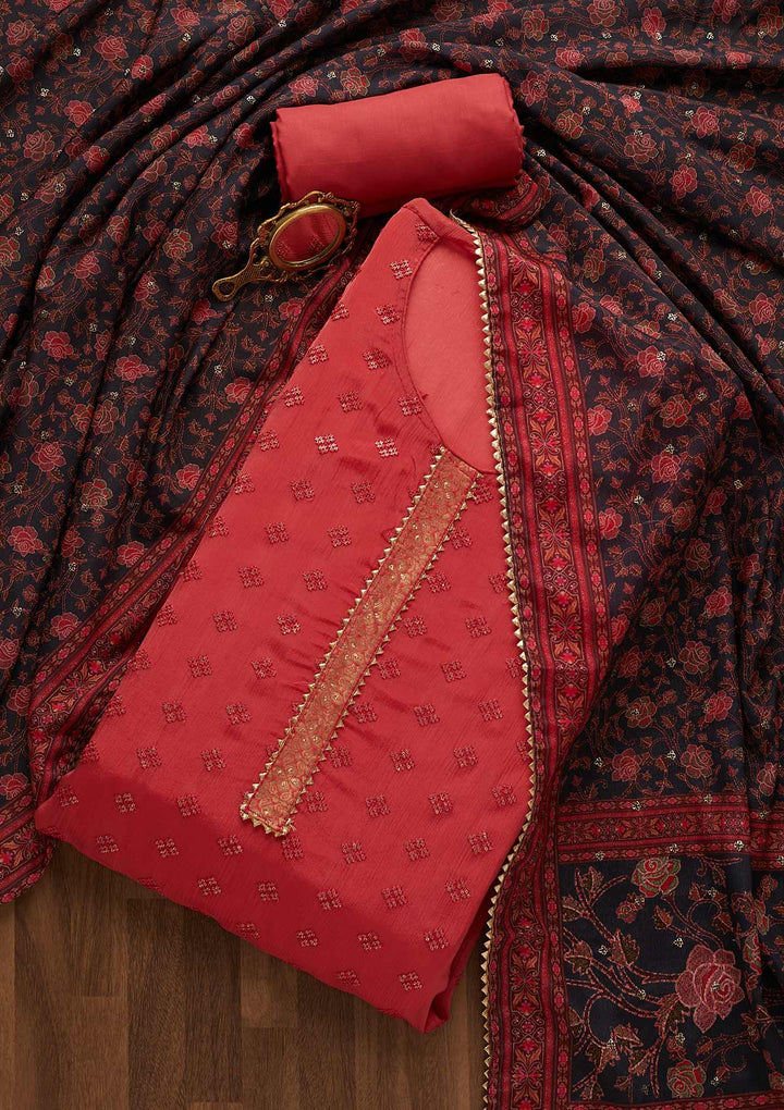 Onion Pink Threadwork Semi Crepe Unstitched Salwar Suit-Koskii