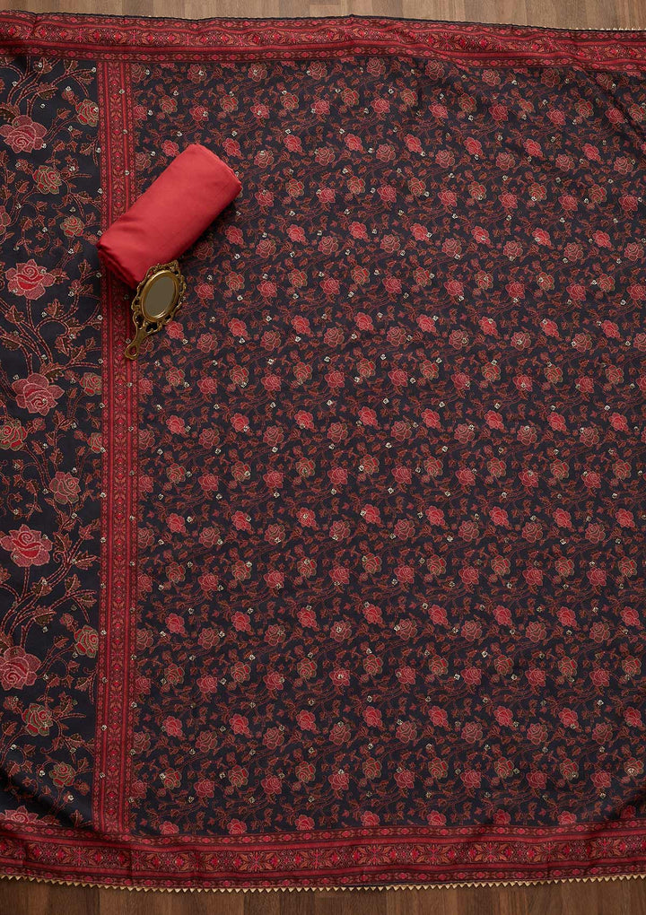 Onion Pink Threadwork Semi Crepe Unstitched Salwar Suit-Koskii