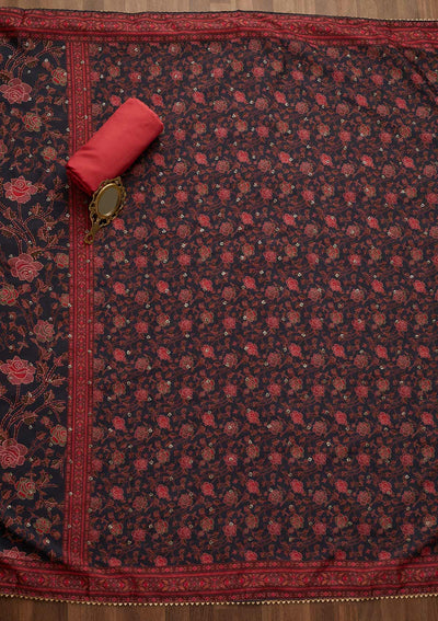 Onion Pink Threadwork Semi Crepe Unstitched Salwar Suit-Koskii