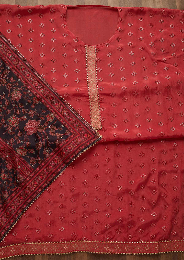 Onion Pink Threadwork Semi Crepe Unstitched Salwar Suit-Koskii