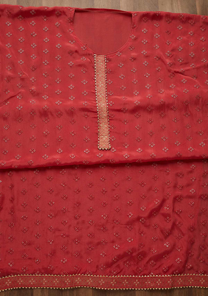 Onion Pink Threadwork Semi Crepe Unstitched Salwar Suit-Koskii