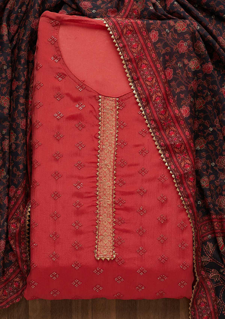 Onion Pink Threadwork Semi Crepe Unstitched Salwar Suit-Koskii