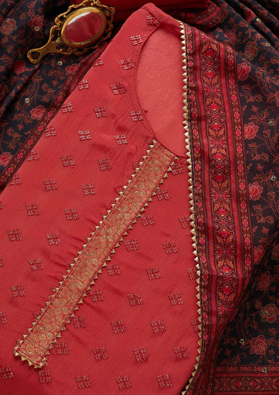 Onion Pink Threadwork Semi Crepe Unstitched Salwar Suit-Koskii