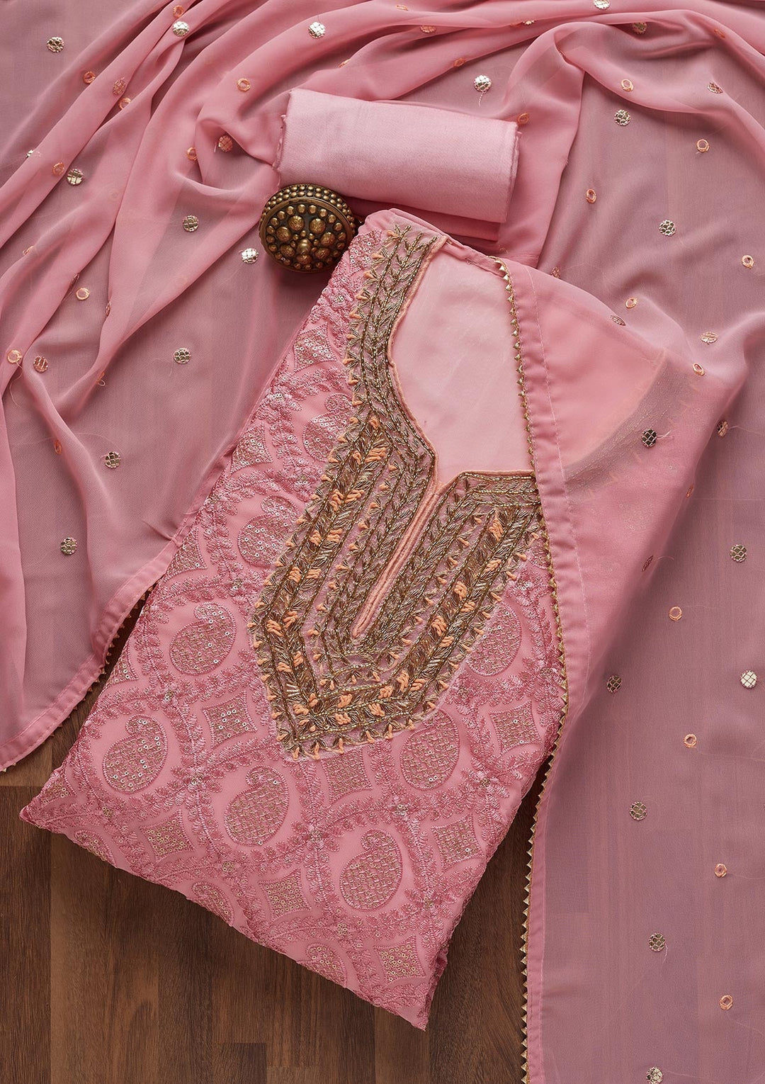 Onion Pink Zardosi Georgette Unstitched Salwar Suit- Koskii