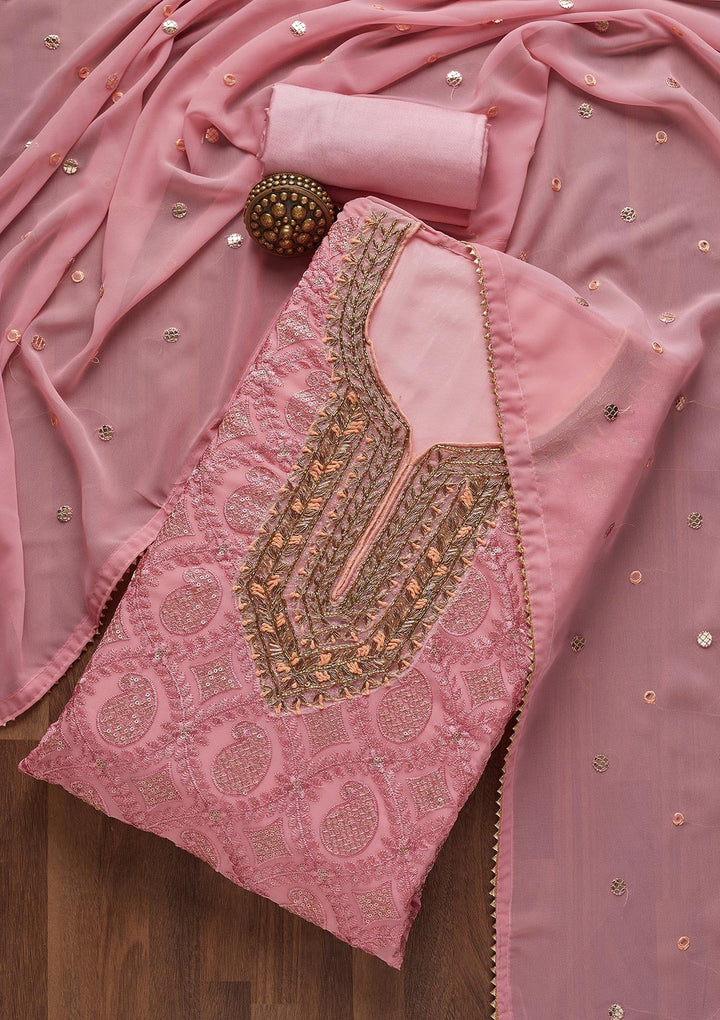 Onion Pink Zardosi Georgette Unstitched Salwar Suit- Koskii