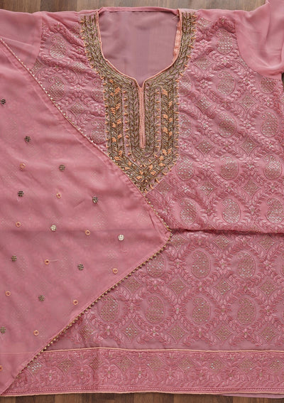 Onion Pink Zardosi Georgette Unstitched Salwar Suit - Koskii