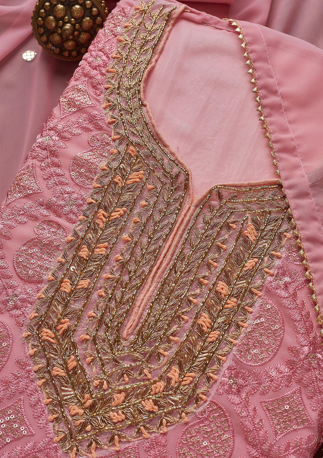 Onion Pink Zardosi Georgette Unstitched Salwar Suit - Koskii