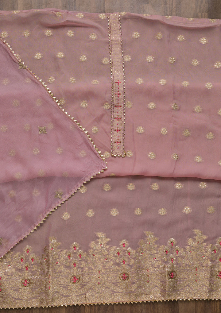 Onion Pink Zariwork Art Silk Semi-Stitched Salwar Suit-Koskii