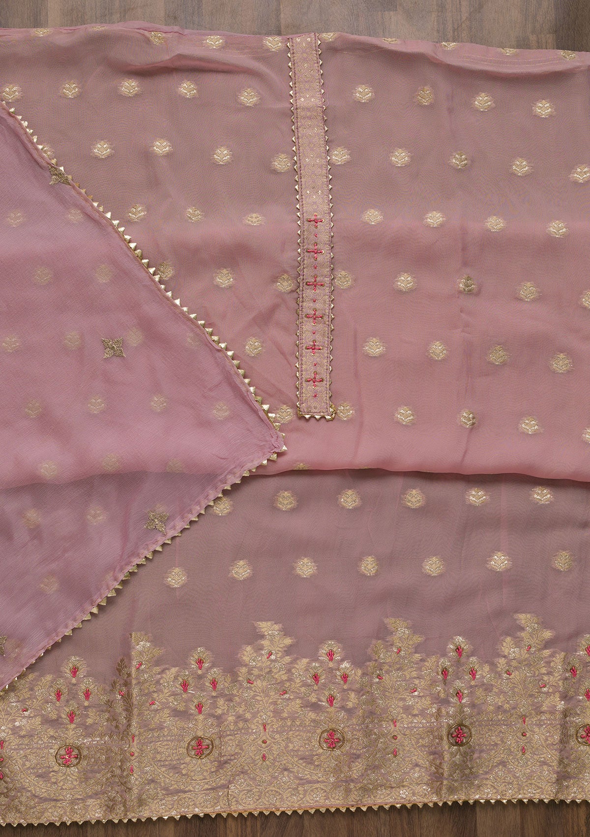 Onion Pink Zariwork Art Silk Semi-Stitched Salwar Suit-Koskii