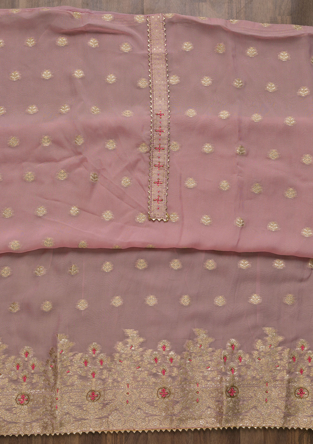 Onion Pink Zariwork Art Silk Semi-Stitched Salwar Suit-Koskii