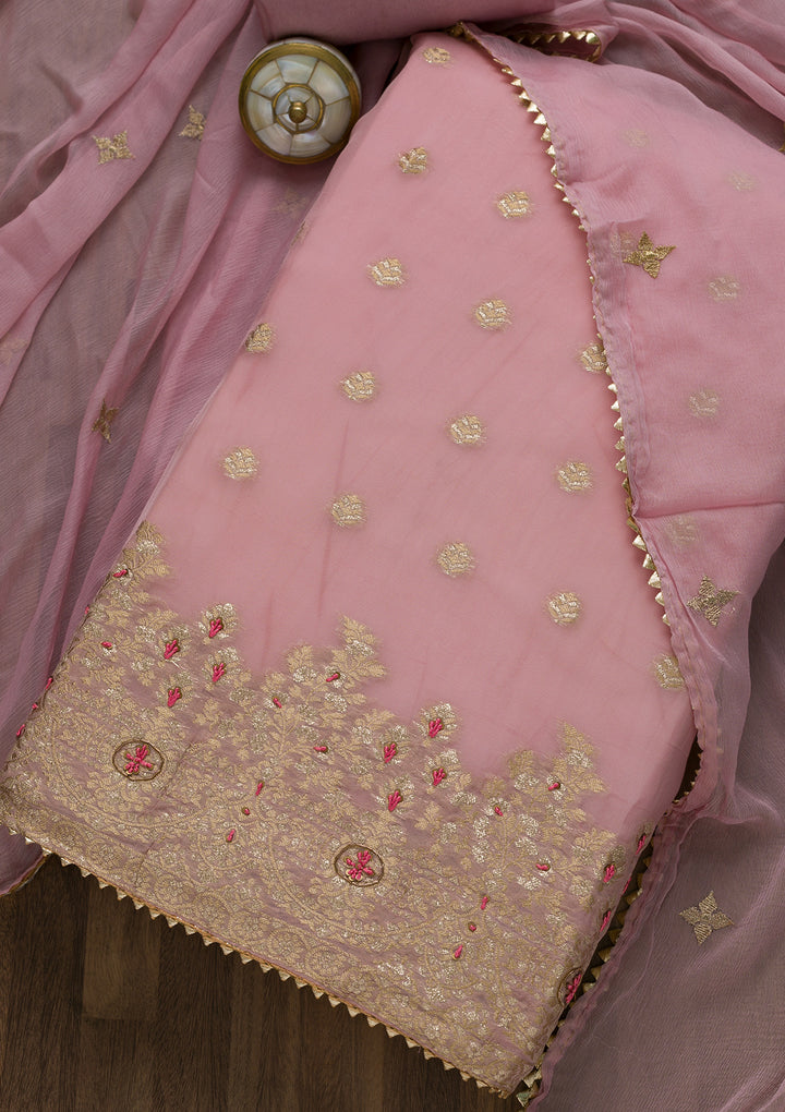 Onion Pink Zariwork Art Silk Semi-Stitched Salwar Suit-Koskii