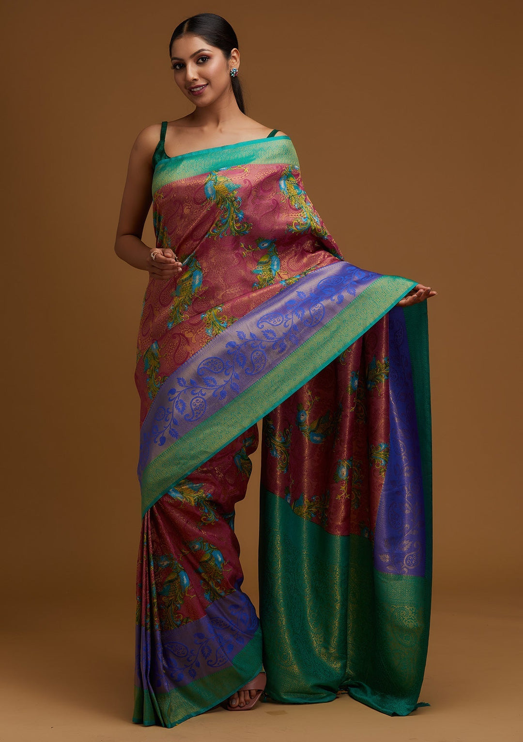 Onion Pink Zariwork Art Silk Designer Saree - Koskii
