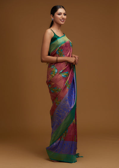 Onion Pink Zariwork Art Silk Designer Saree - Koskii